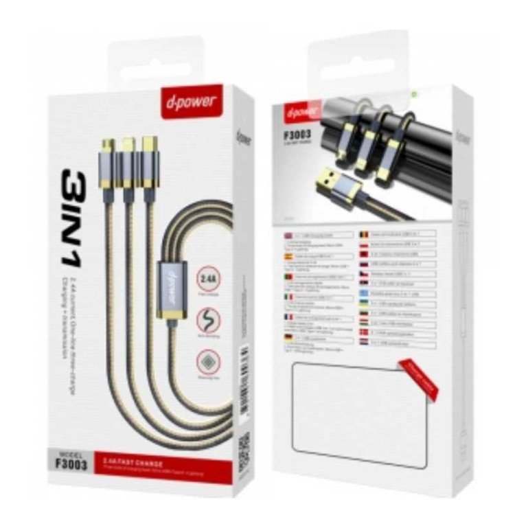 Câble 3 en 1 USB vers Lightning / Micro / Type-C - D-Power F3003 - Bleu Câble 3 en 1 USB vers Lightning / Micro / Type-C - D-Power F3003 - Bleu